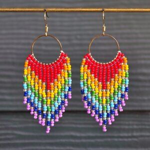 Handmade Ombre Geo Beaded Boho Earrings Fringe Tribal Jewelry Boheme Retro Y2K